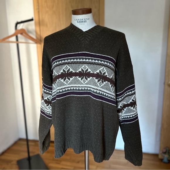 Country Seat Olive Green Fall Autumn Patterned V-Neck Cotton Blended Sweater A16 - Picture 9 of 9